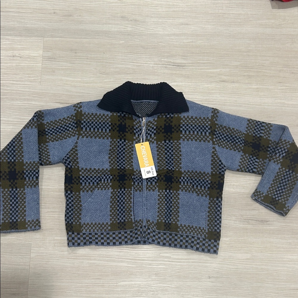 Blue Check Zip-Front Women's Sweater Jacket - Picture 7 of 8